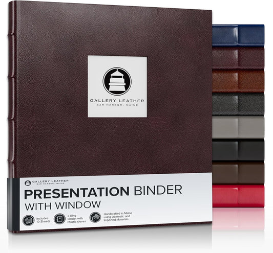 Gallery Leather 3 Ring Binder with Plastic Sleeves, Includes 10 Sheets, Sheet Size: 8.5" x 11" - Presentation Binder Rings with Window and Hubbed Spine, Thick: 0.75" Belfast Brown
