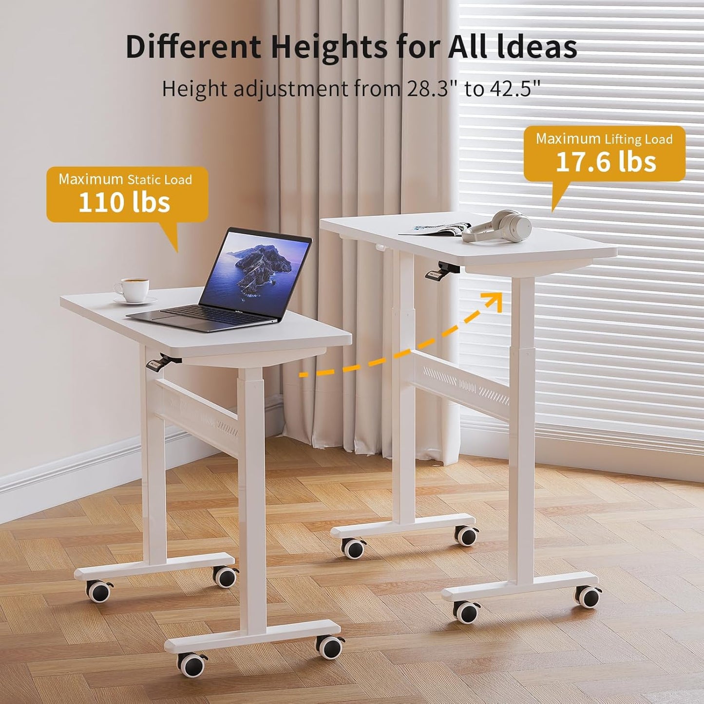 Mobile Standing Desk with Wheel, Pneumatic Height Adjustable Standing Desk for Walking Pad, Rolling Computer Workstation with 28.3"–42.5" Height, 31.5" x 15.7" Desktop for Home Office (White)
