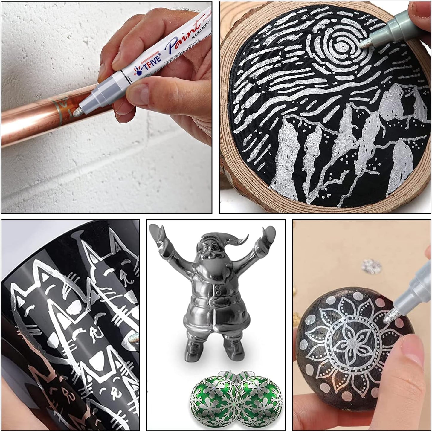 TFIVE Silver Paint Pens Markers - 12 Pack Oil Based Permanent Marker, Medium Tip, Never Fade, Quick Dry, Waterproof Paint Pen for Rocks Painting, Wood, Fabric, Plastic, Canvas, Glass, Metal