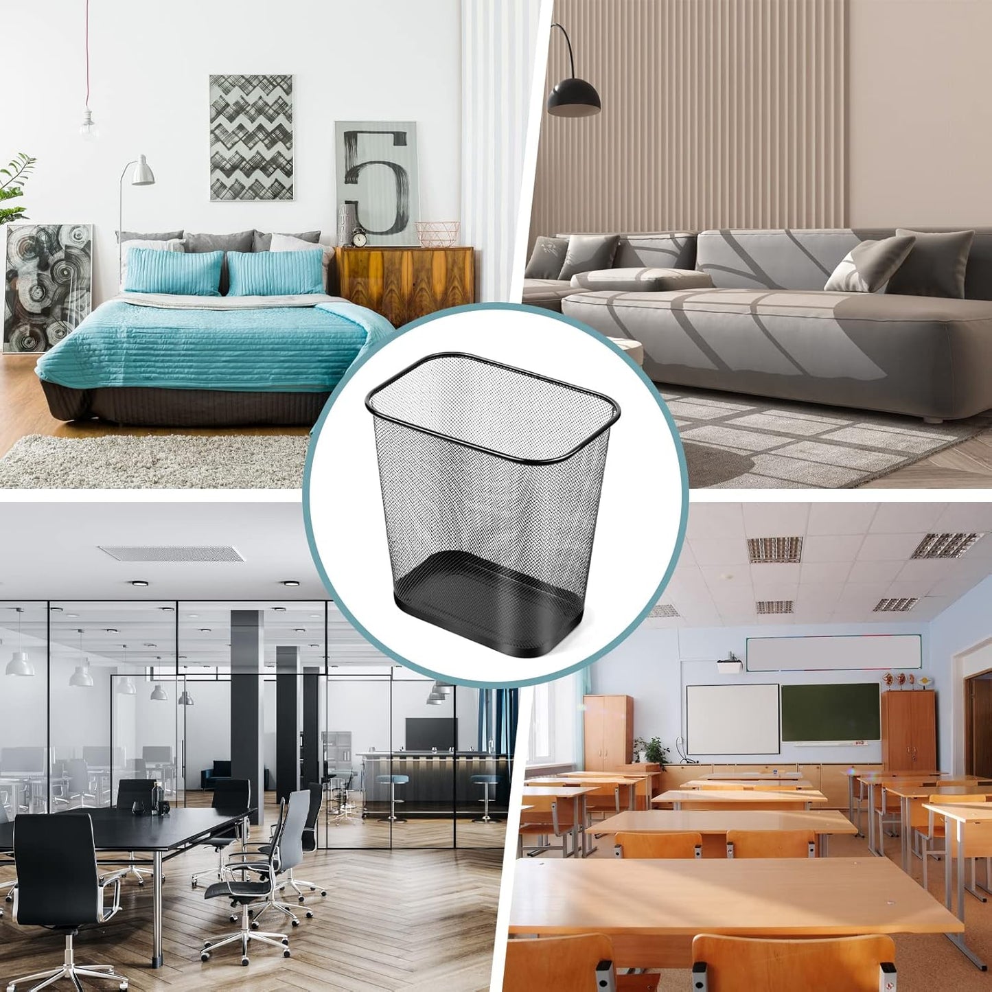 6 Pieces Mesh Square Trash Cans 4 Gallons Wire Wastebasket for Home Black Metal Office Garbage Cans Rectangular Open Top Trash Bin for Kitchen Bathroom Bedroom Dorm Room, 11.7 x 8.5 x 11.8 Inch