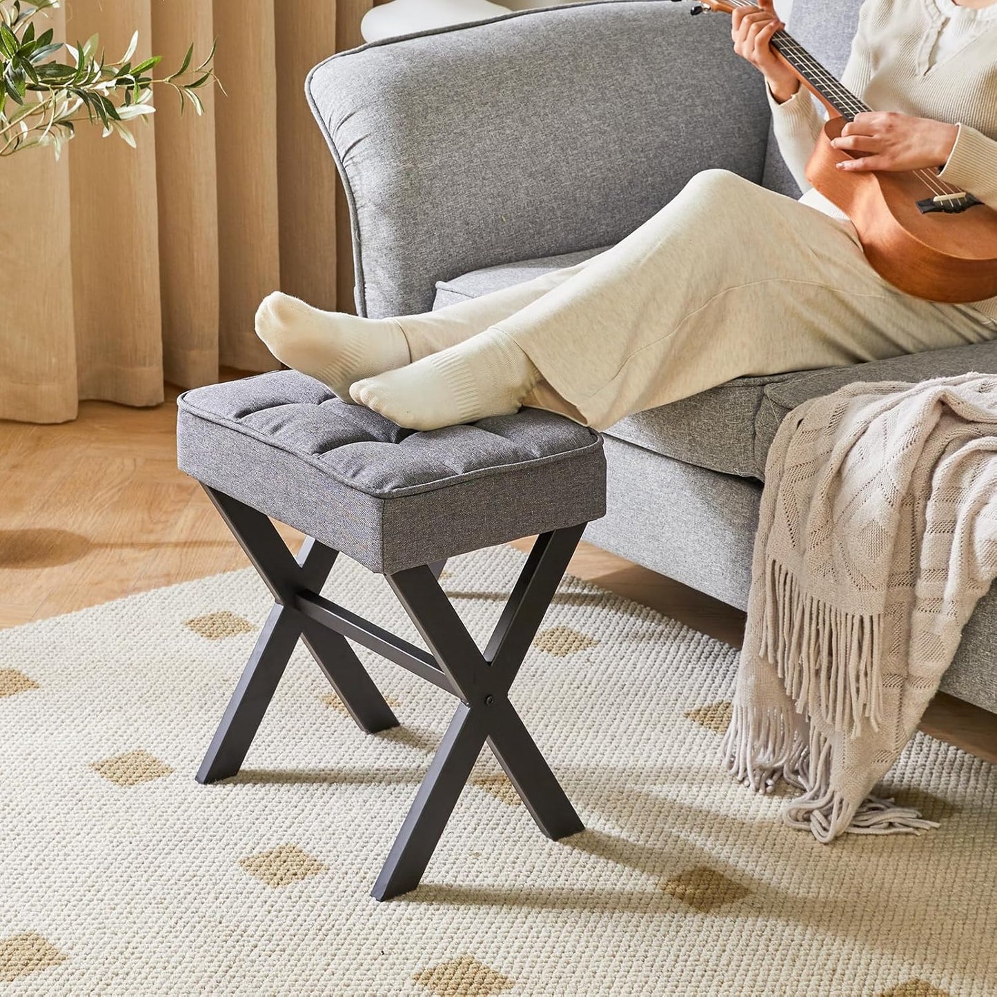 IBUYKE Square Makeup Stool with X-Leg Foot Rest, Linen Footrest, Ottoman Seat, Multi-Use as Small Side Table, for Bedroom, Living Room, Dark Gray LG-70G