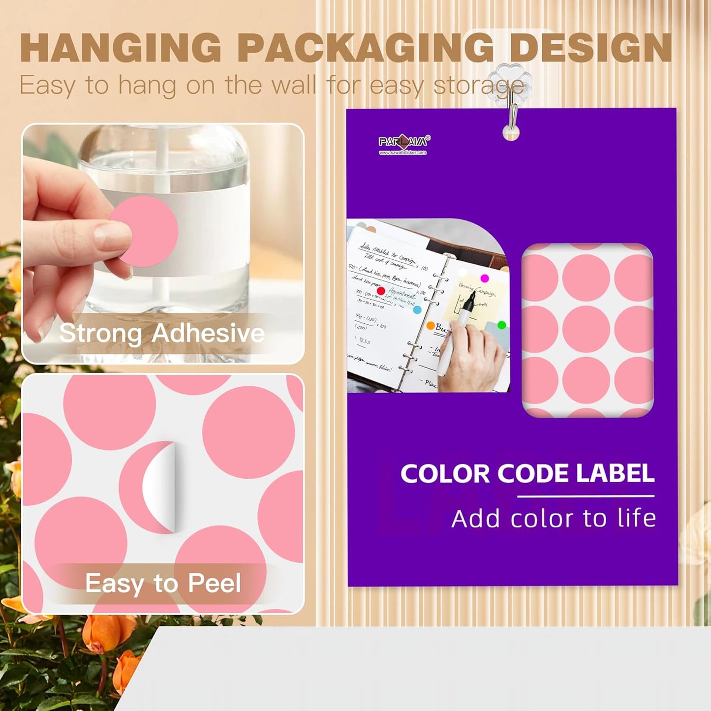 PARLAIM 1 inch Round Pink Dot Sticker,720PCS Permanent Adhesive Color Code Circle Sticker Labels for Office Classroom Garage Sale