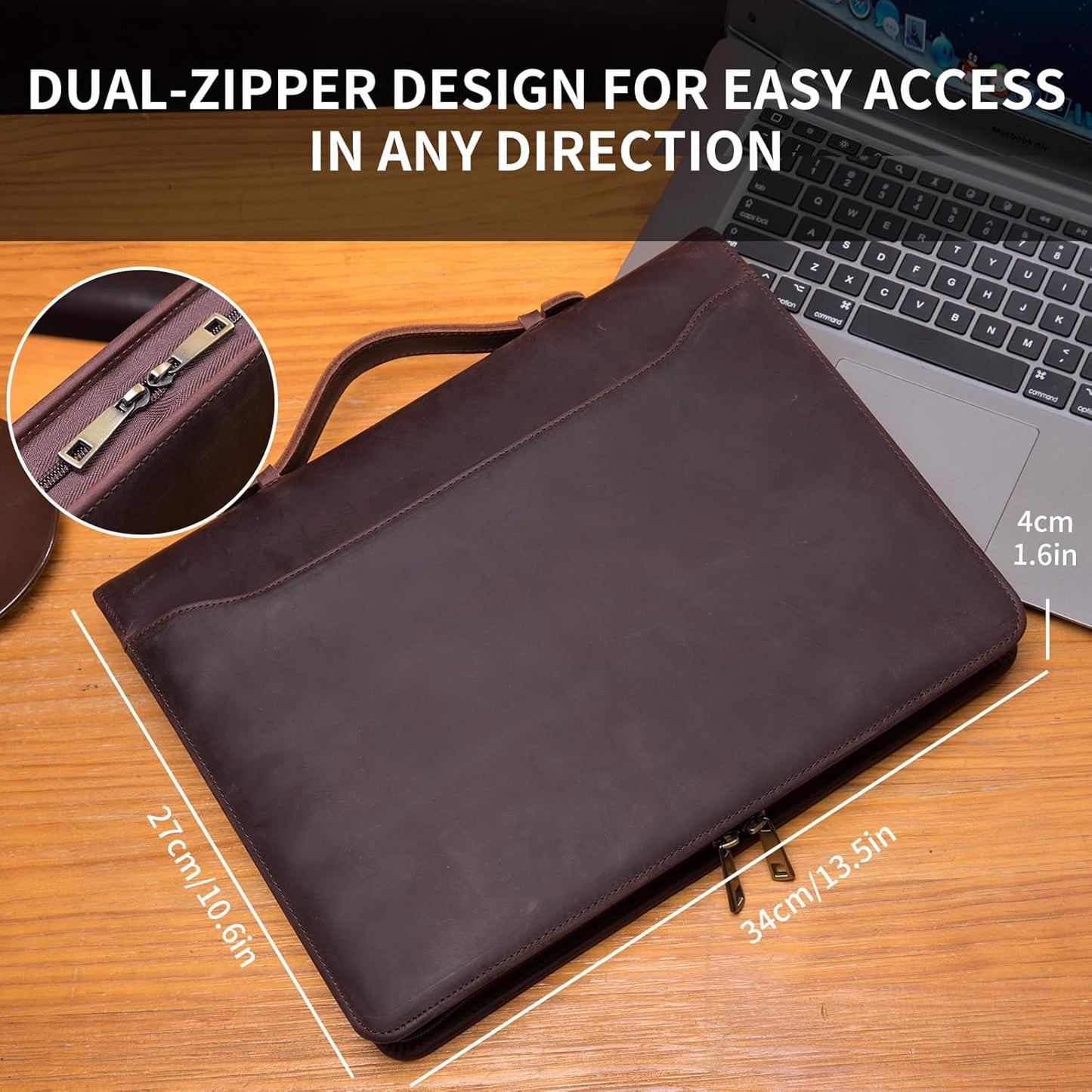 Personalized Genuine Leather Portfolio with Hidden Handle, Front Pocket, Custom Engraved Business Padfolio Tablet/13” Laptop Organizer, Professional Executive Document Folio, Dark Brown