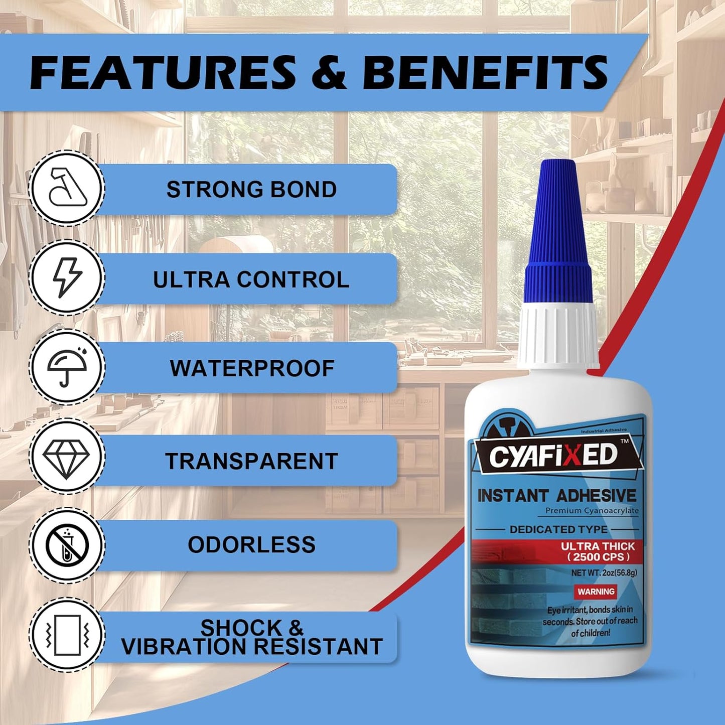 Professional Grade Cyanoacrylate Super Glue, Ultra Thick Viscosity CA Glue for Woodworking, 2 oz. (56.8 Grams) - Instant Adhesive for Woodworking, Gap Filling, Heavy Duty Wood Bonding