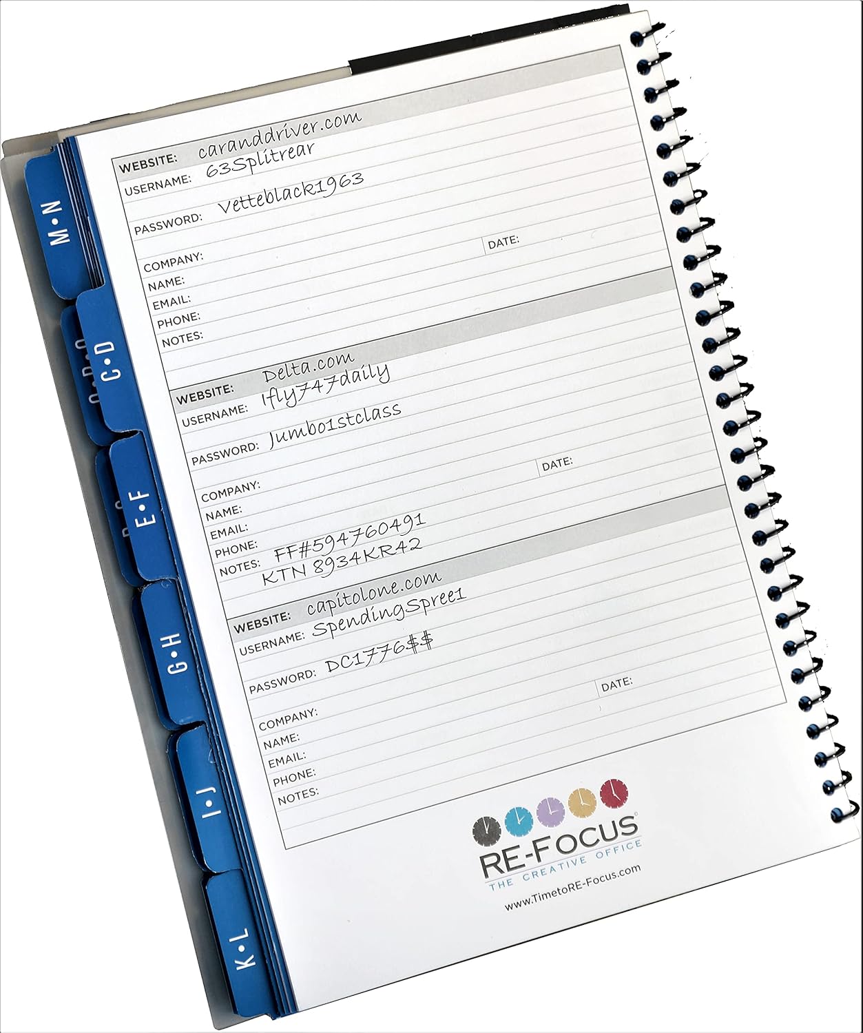 Password Book Keeper, Pink, Alphabetical Tabs, Spiral Bound, Removable Sheets, Journal Organizer Includes Website, Address, Username, Password - 10" x 7.5" by Re-Focus The Creative Office