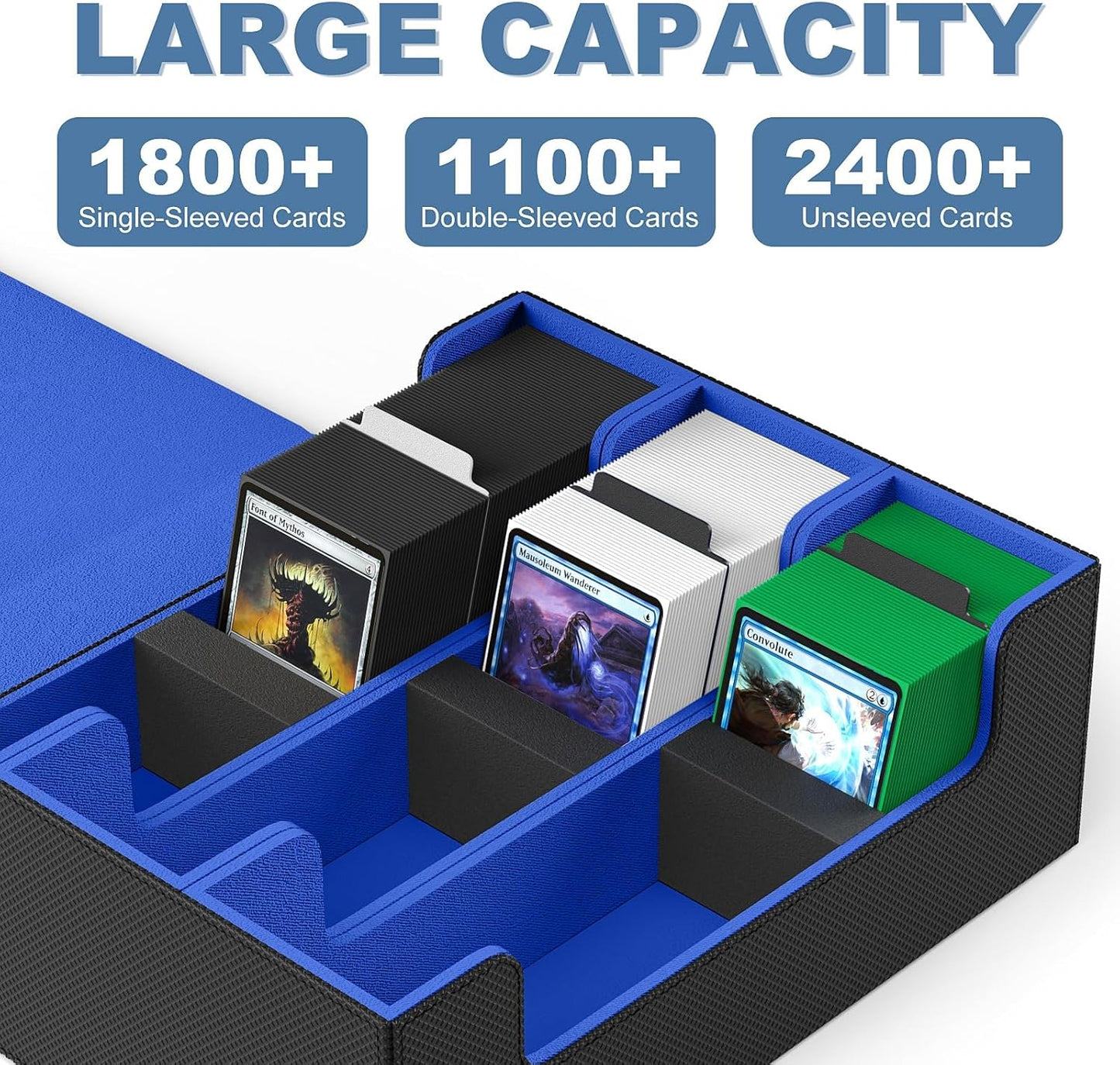 Mlikero Card Deck Case, 1800+ Trading Card Storage Box with 10 Dividers and 3 Foam Stoppers, Leather Magnetic Closure Commander Deck Box Fit for YuGiOh, MTG and Sport Cards(Black&Blue)