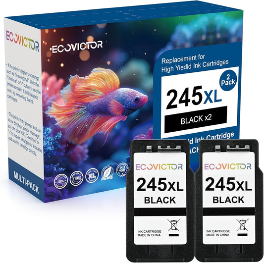 EcoVictor 245XL Black Ink Cartridge Replacement for Canon 245 XL PG-245 XL (Black 2 Pack) Compatible to Pixma MX490 MX492 MG2522 TR4520 TR4500 TS3122 TS3322 MG2520 MG2500 MG3022 TS3320 TR4522 Printer