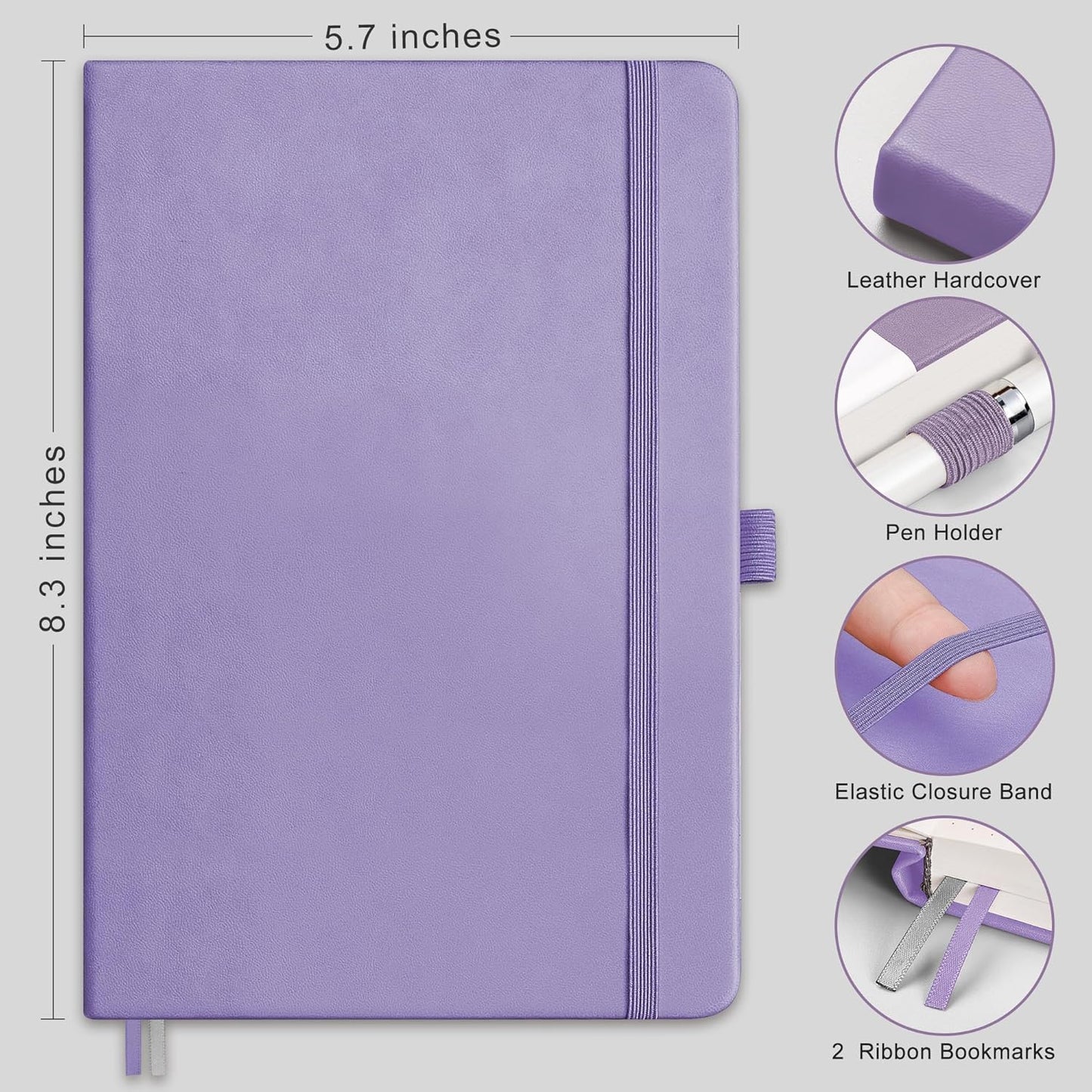 RETTACY Bullet Dotted Journal Notebook, 192 Pages, A5 Medium Size (5.7'' x 8.3''), Leather Hardcover, 100 GSM Thick Paper, for Bullet Journaling, Planning, Tracking (Purple)