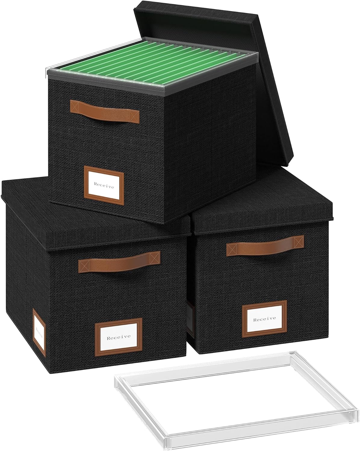 File Box for Hanging, File Organizer Box with Lid Decorative File Folders Letter Size Organizer with One-Piece Integrated Plastic Slide Rail (Black, 13.2x10.1x10.1inch(3pack))