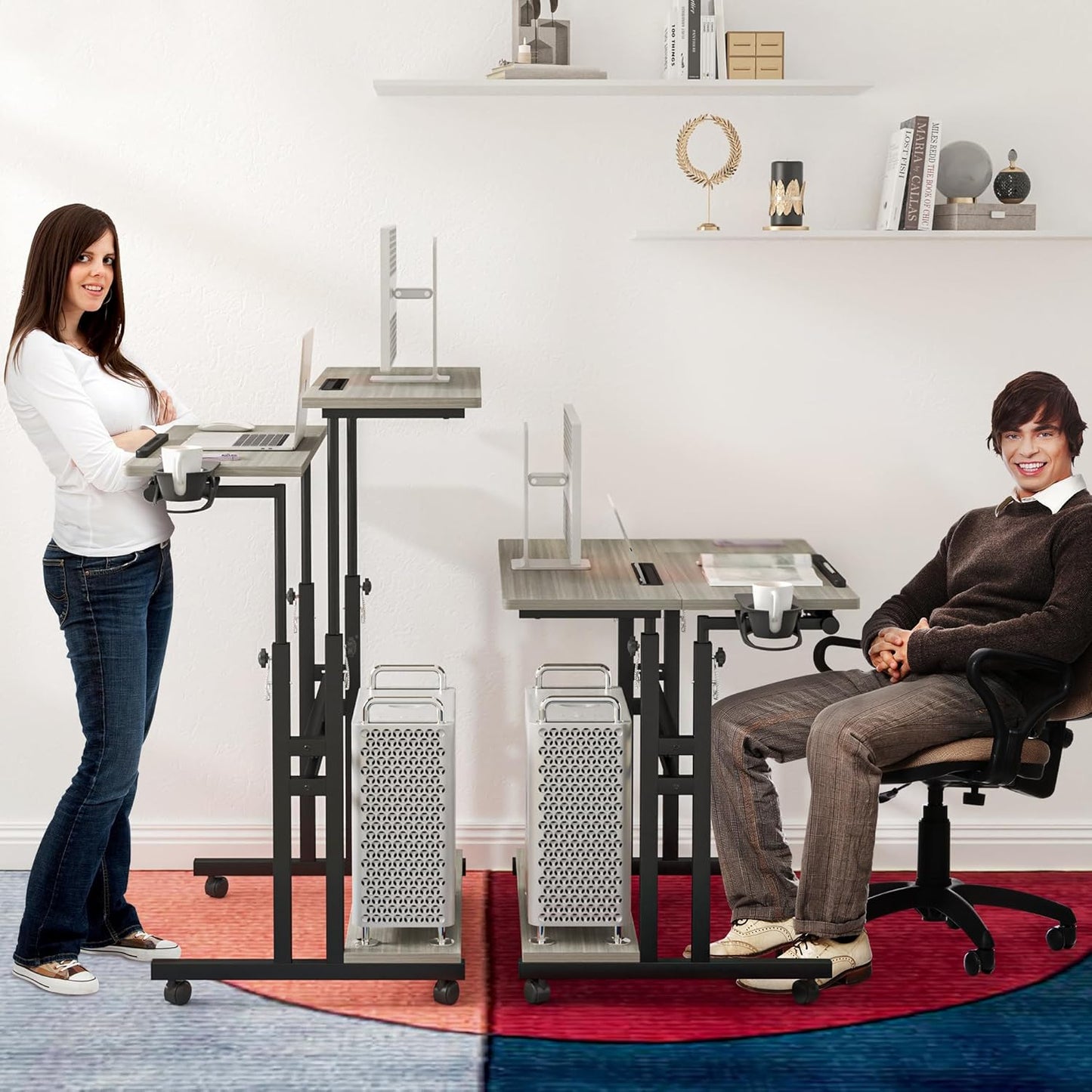 Mobile Standing Desk, Adjustable Rolling Computer Desk with 3 Desktops, Portable Laptop Table with Cup Holder, Home Office Laptop Workstation on Lockable Wheels, Grey Oak