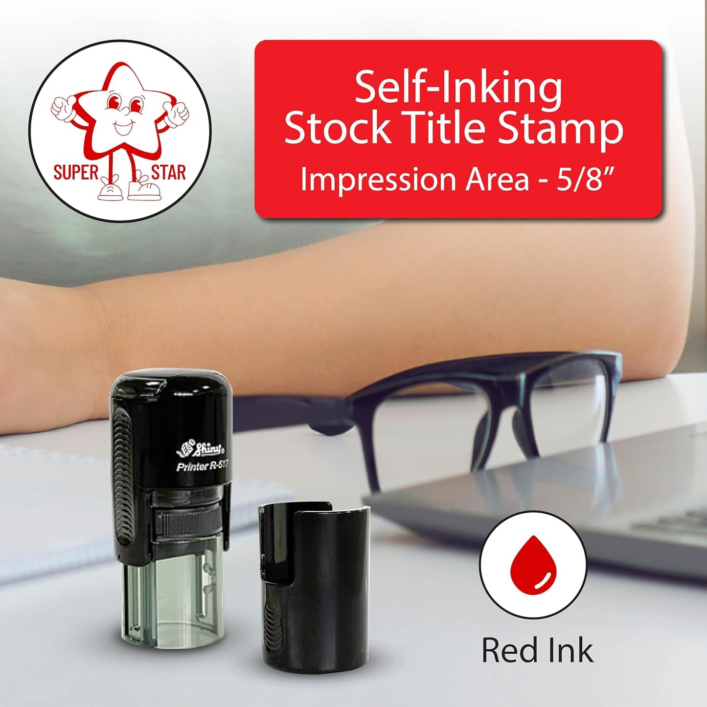 Shiny Superstar Teacher Stamp, Round Self Inking Stamp for Classroom, Red Ink