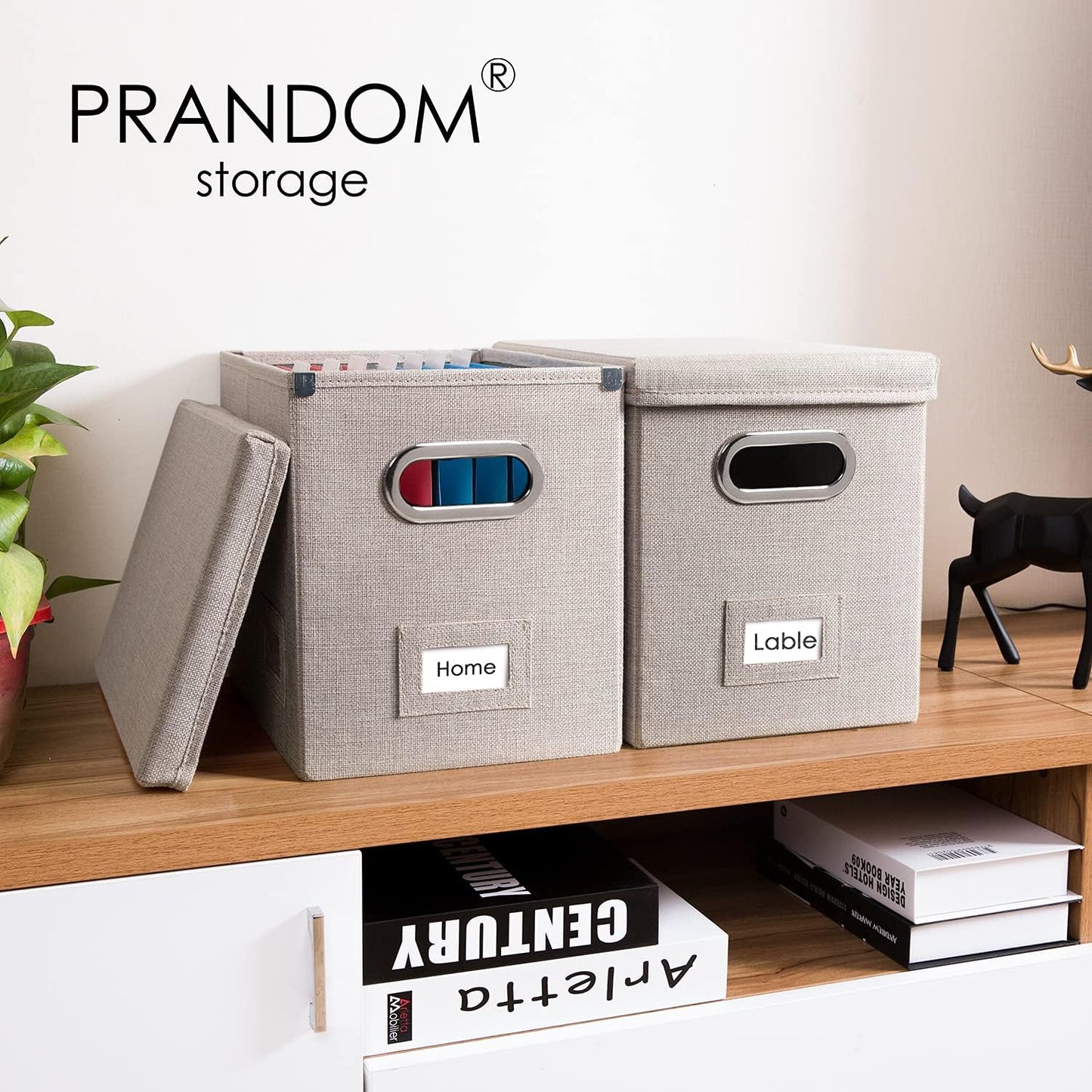 PRANDOM File Organizer Box - Set of 2 Collapsible Decorative Linen Filing Storage Hanging File Folders with Lids Office Cabinet Letter Size Light Grey (14x9.3x10.8 inch)