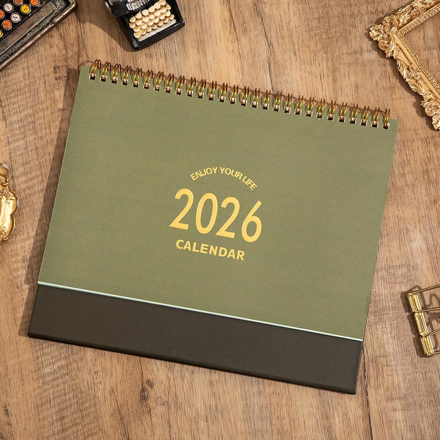 Desk Calendar 2025-2026, Standing Flip Desktop Calendar from July 2025 to December 2026 - Metal Ring Twin-Wire Binding 18 Months Medium Desk Calendar for Home Office School (L-Green)