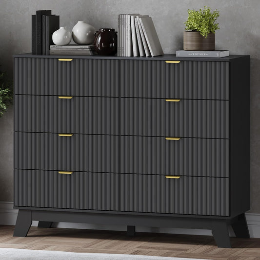 Fluted 8 Drawer Tall Dresser, 47.2" Wide Modern Boho Chest of Drawers, Wooden Storage Dresser TV Stand for Bedroom, Living Room, Closet, Hallway, Curved Profile Design