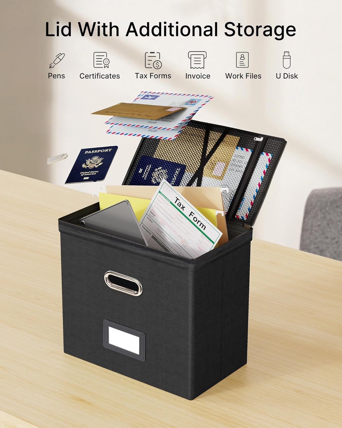 Oterri 1 Pack File Organizer Boxes with Lids, File Box with Mesh Pockets, Document Organizer Box for File Folders Letter Size, Zippers Filing Box for Home, Office, School (Black, Without Folders)