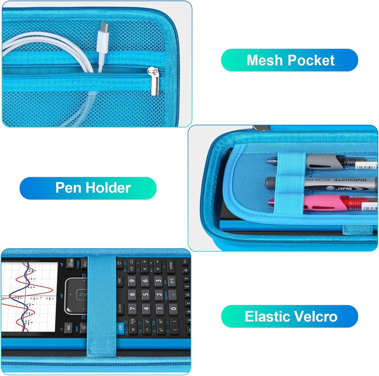 BOVKE Calculator Case for Texas Instruments TI-Nspire CX II CAS/CX II/CX CAS/CX Color Graphing Calculator and More - Extra Mesh Pocket for USB Cables and Other Accessories, Blue