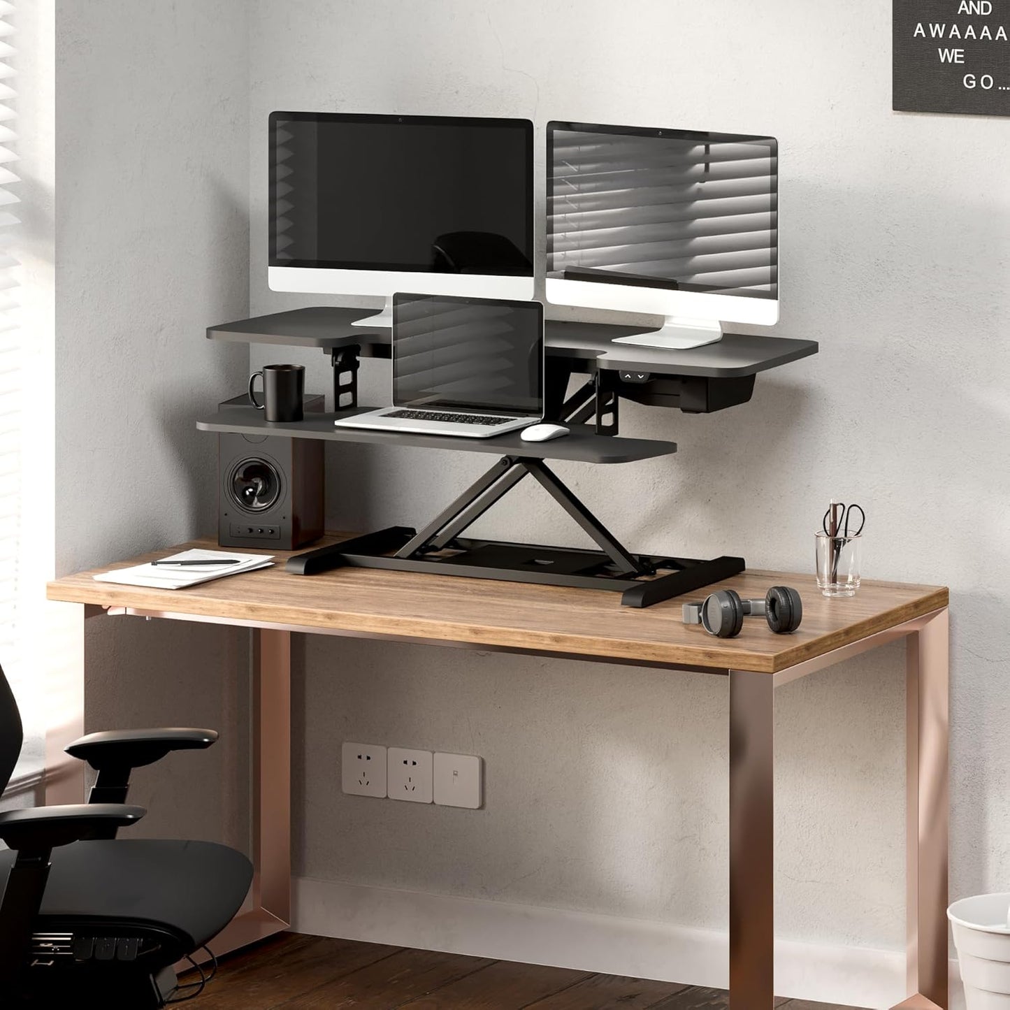 FLEXISPOT 42 inch Electric Motor Desk Converter, Height Adjustable Motorized Stand up Desk Riser with Quick Release Keyboard Tray, Black Monitors and Laptop Workstation