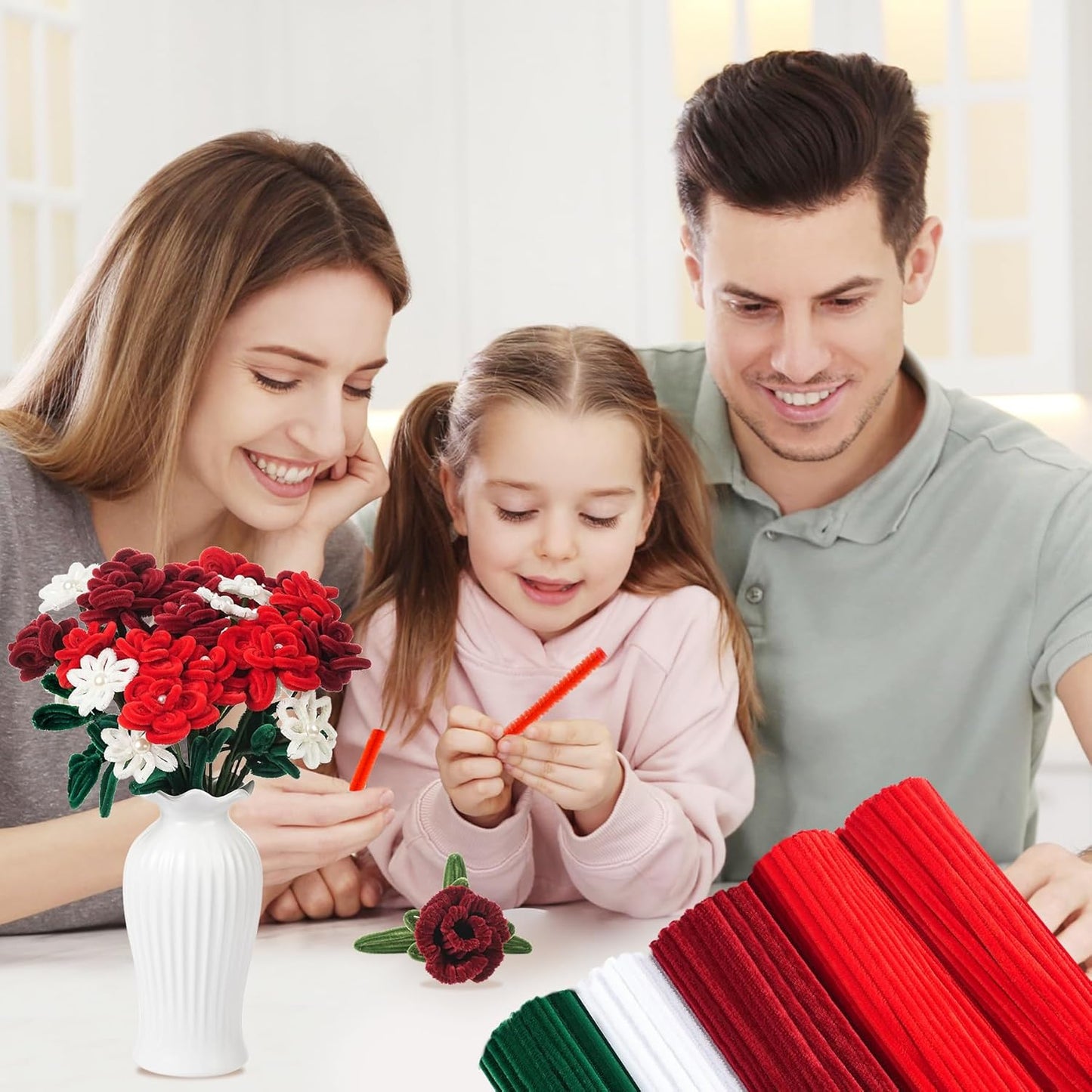 400 Pcs Red Pipe Cleaners for Crafts, 4 Colors Chenille Stems Bulk with Floral Wires, Gardening Tape,Hot Glue Stick，Greeting Card,Bouquet Paper, Pearl & Ribbon, Flowers Craft kit for Christmas