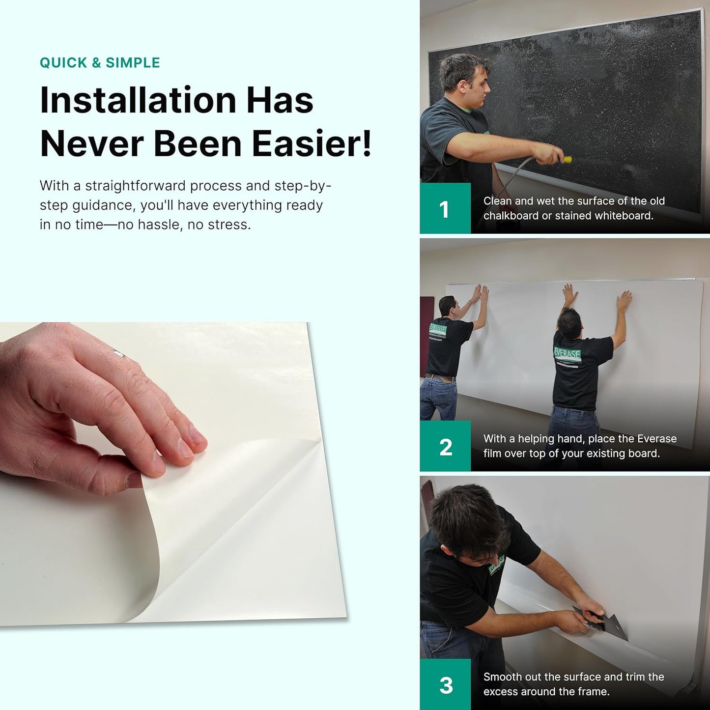 Everase Dry Erase Whiteboard Resurfacing Film Roll (11 ft x 50") – Peel & Stick, Converts Chalkboards & Stained Whiteboards, Durable, Scratch/Stain-Resistant, Eco-Friendly, Refinish in 30 Mins.