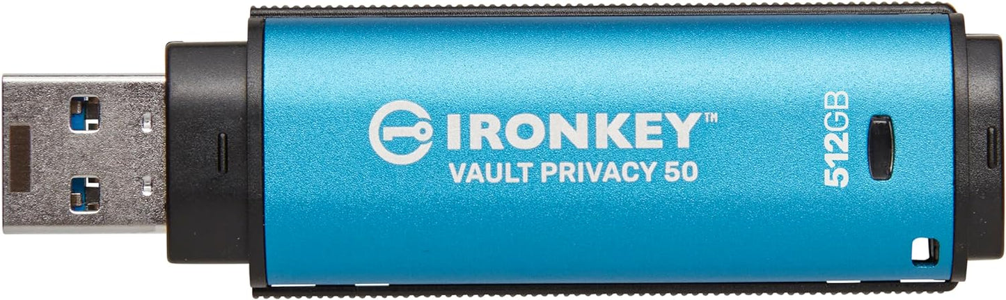 Kingston Ironkey Vault Privacy 50 USB-A 512GB Encrypted Flash Drive | FIPS 197 Certified | XTS-AES 256-bit | BadUSB and Brute Force Protection | Mult-Password Option | IKVP50/512GB