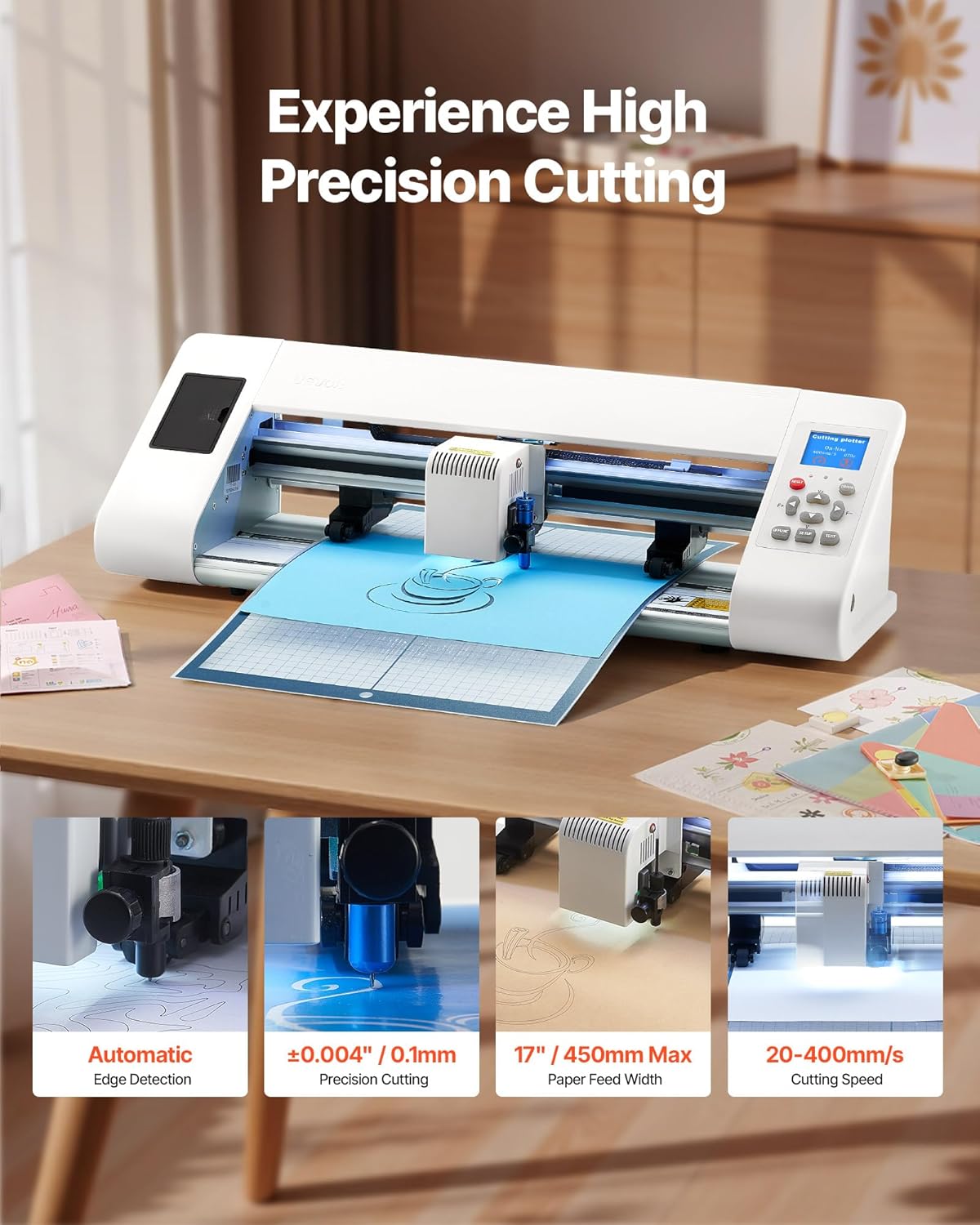 VEVOR Cutting Machine, Automatic Edge Detection Vinyl Cutter Machine with Design Software and Materials, Compatible with Multiple File Formats, for Creating Customized DIY Crafts, Cards, Stickers