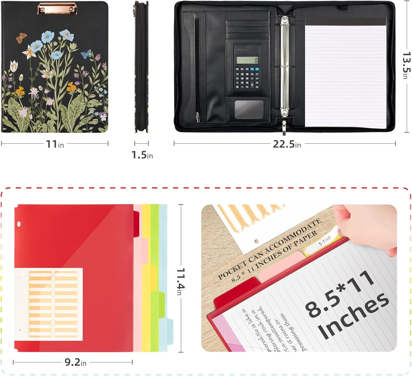 Ospelelf Leather Portfolio Folder with Zipper - 3 Ring Binder with Clipbard - Calculator, 12.1” Tablet Sleeve, 5 Dividers with 10 Pockets, Refillable Notepad, Card Holder (Bushes)