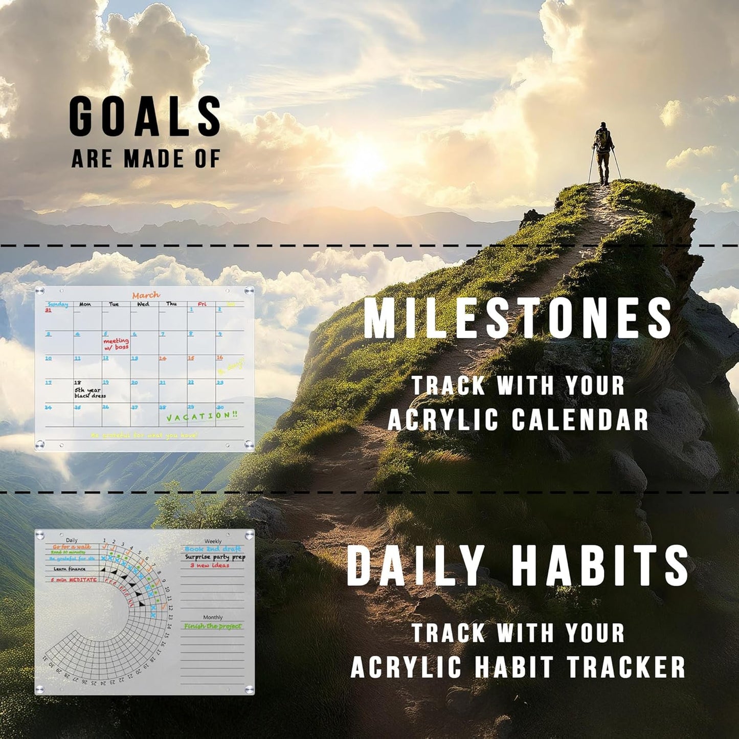 Acrylic Calendar and Habit Tracker Set - Magnetic Acrylic Calendar for Fridge - Clear Magnetic Planner for Refrigerator - Clear Dry Erase Board for Wall with pens, holder, eraser - The Goal Tracker