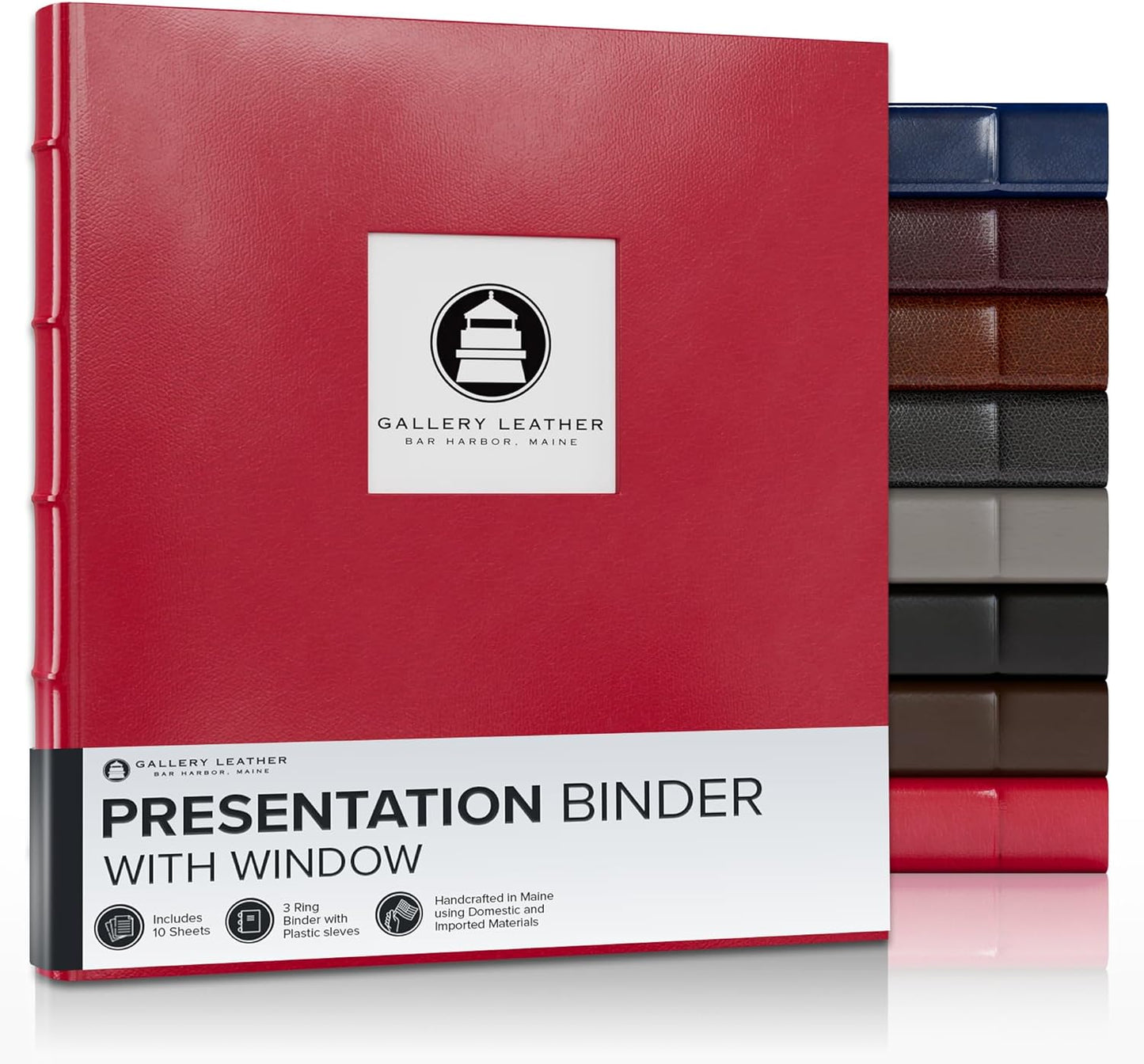 Gallery Leather 3 Ring Binder with Plastic Sleeves, Includes 10 Sheets, Sheet Size: 8.5" x 11" - Presentation Binder Rings with Window and Hubbed Spine, Thick: 1.25" Camden Red