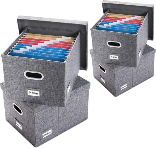 PRANDOM File Organizer Box - Set of 4 Collapsible Decorative Linen Filing Storage Hanging File Folders with Lids Office Cabinet Letter/Legal Size Grey 17.1x14x11.1 inch