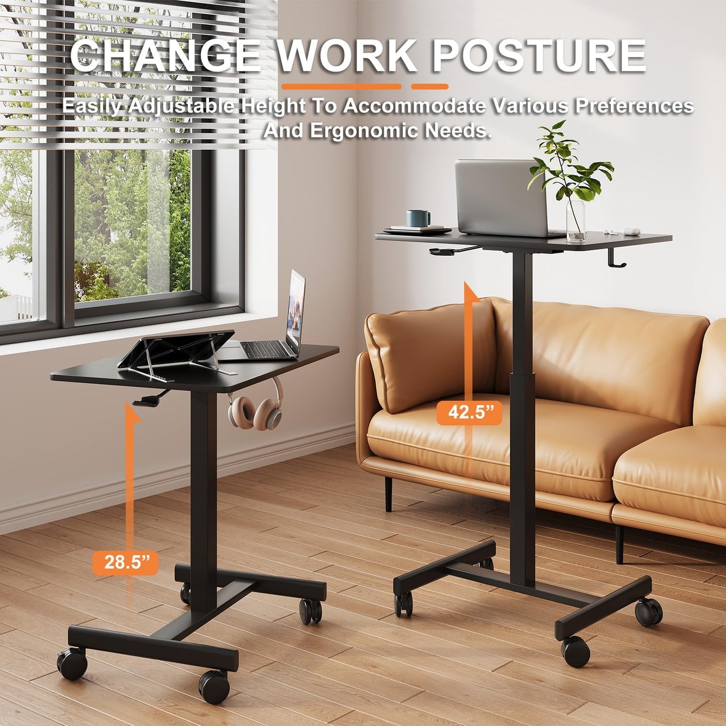 Mobile Small Standing Desk, Gas Spring Adjustable Height Rolling Portable Laptop Desk with Lockable Wheels, Computer Workstation, Rolling Podium (Black, 17.8 * 25.5)