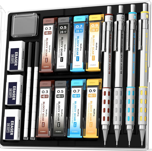 Nicpro 4 Pack Blocky Gear 0.3, 0.5, 0.7, 0.9 mm Metal Mechanical Pencils Set with Case, Lead Drafting Pencil with 8 Tube Lead Refills(HB 2B), Erasers, Eraser Refills for Art Writing Sketching Drawing