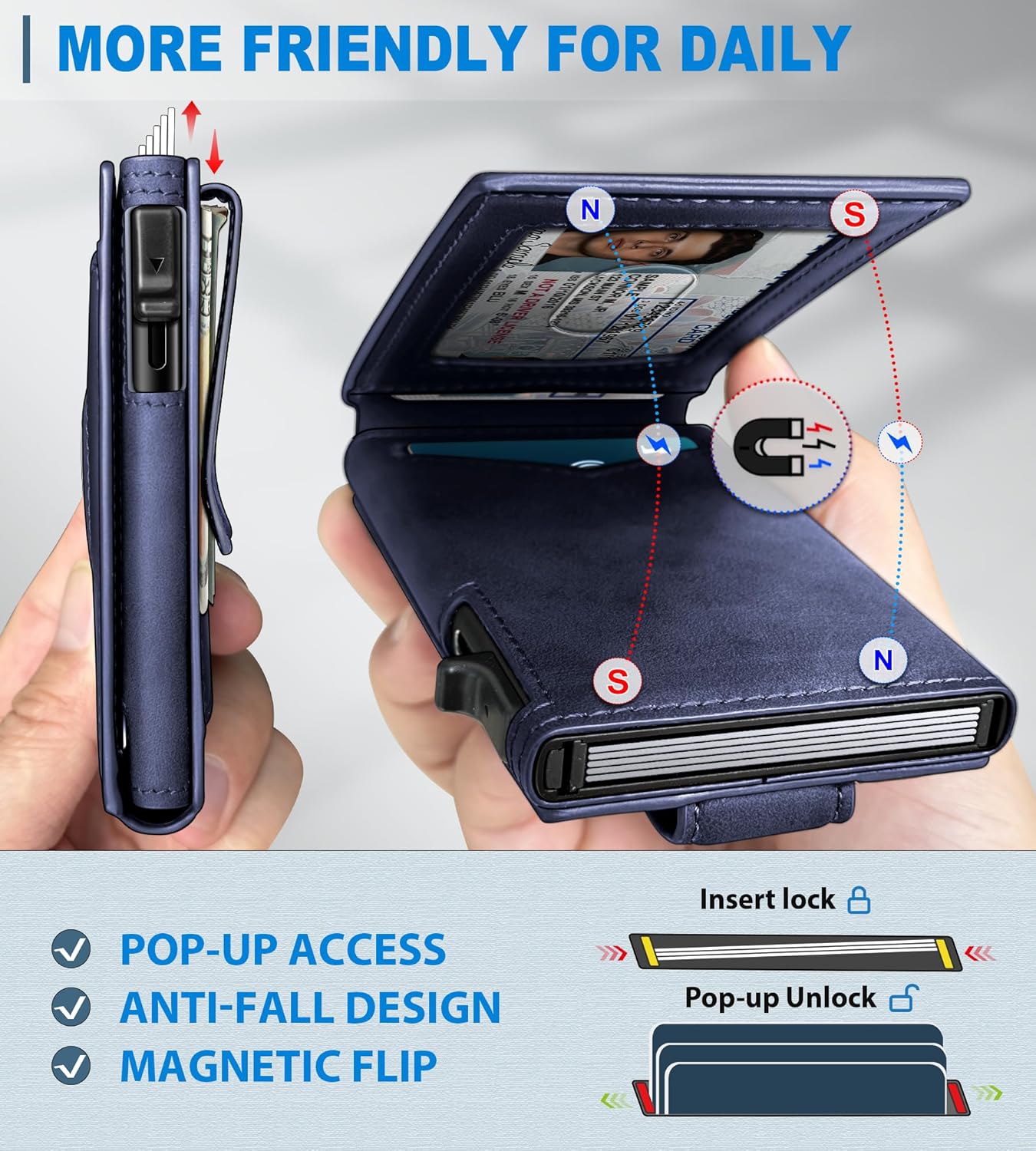 Airtag Wallet for Men,with Money Clip Gift Boxed,Slim Front Pocket Wallet RFID Blocking Metal Case Smart Pop-up Credit Card Holder in Magnetic Leather Flip