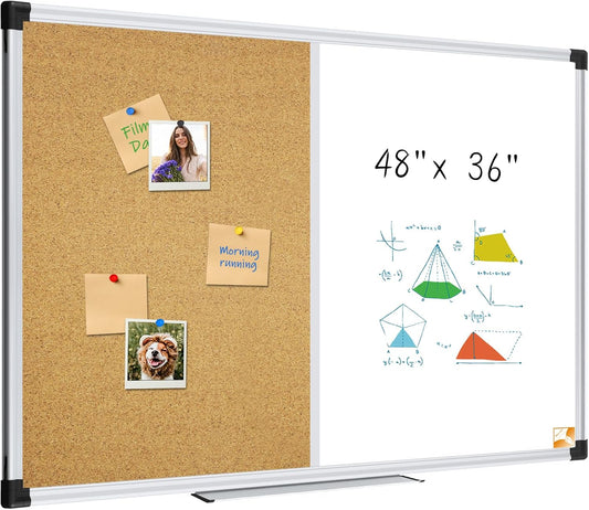 XBoard Large Magnetic White Board and Bulletin Corkboard Combination, 48 x 36 Inch Half Dry Erase & Cork Combo Board for Wall with Aluminum Frame, 4' x 3' Notice Memo Board Pin Board Vision Board
