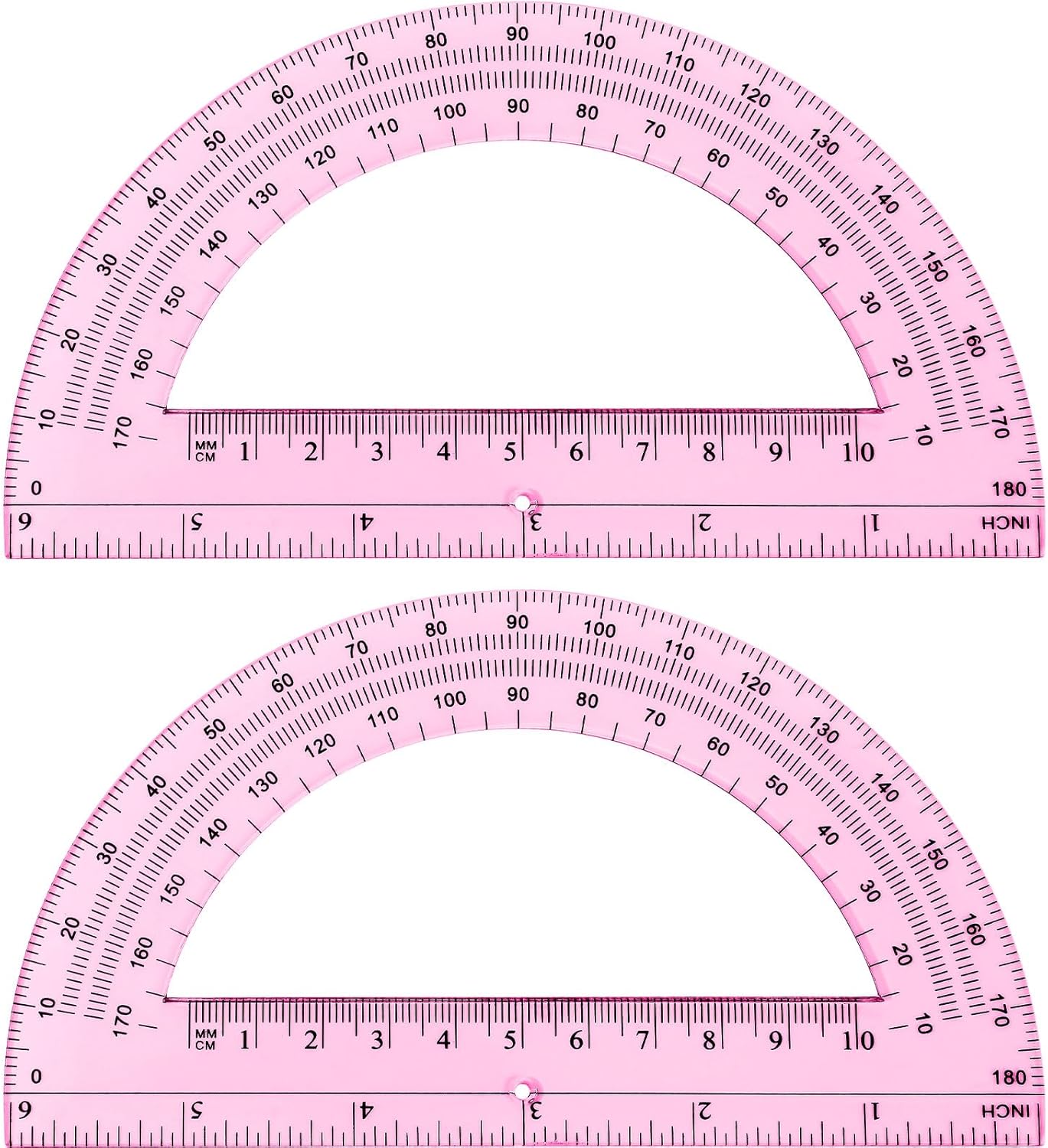 Zonon 2 Pcs 6 Inch Plastic Protractor Math Protractors 180 Degrees Angle Measurement, Translucent for Geometry Classroom Kid Student School Office Supplies(Light Pink)