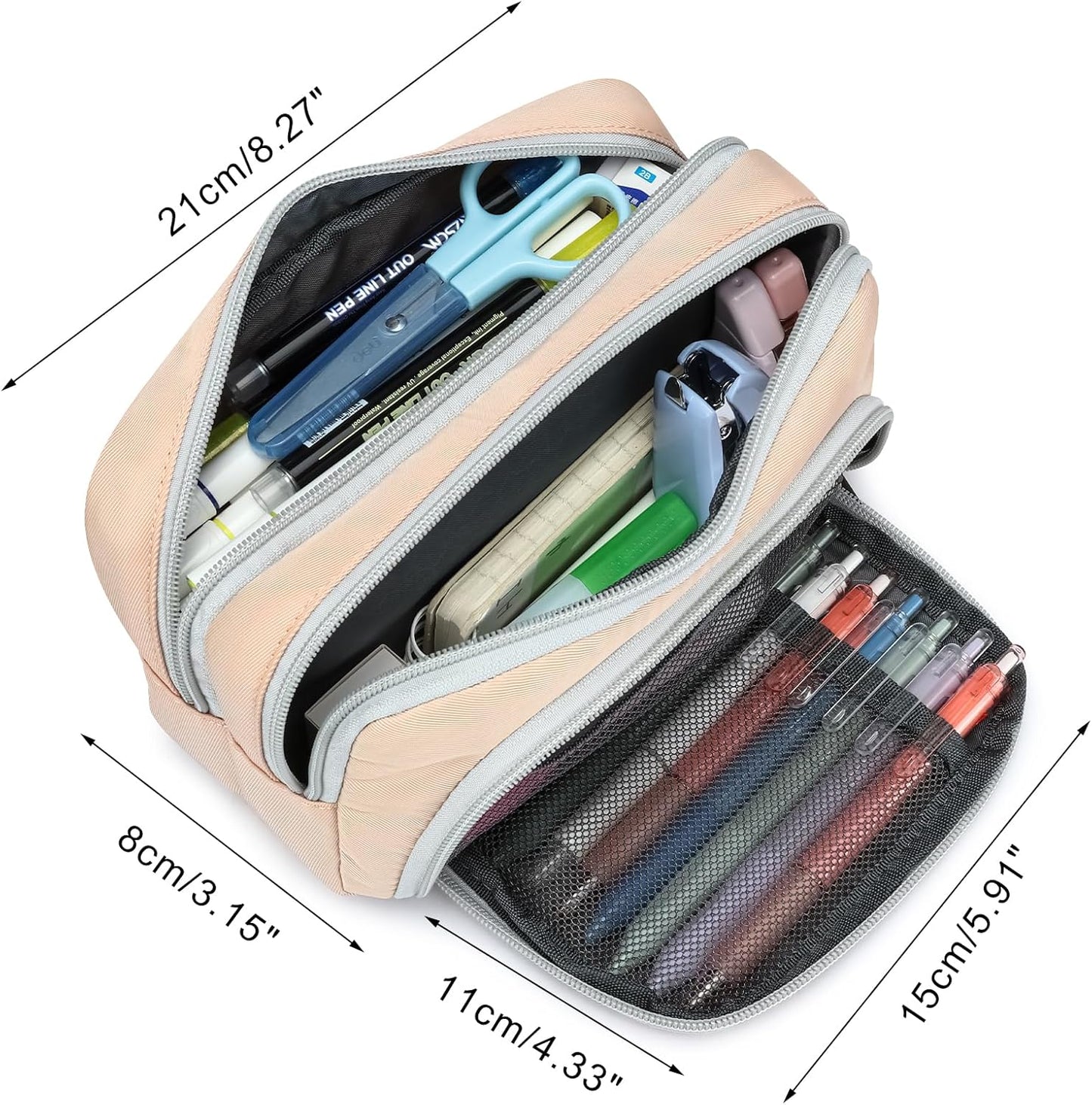 XQXA Pen Pouch Large Capacity Pencil Case Organizer, Multifunctional Pencil Pouch with 3 Compartmens, Big Pencil Bag for Office Travel Men Women Adult (01-Creamy Rice)