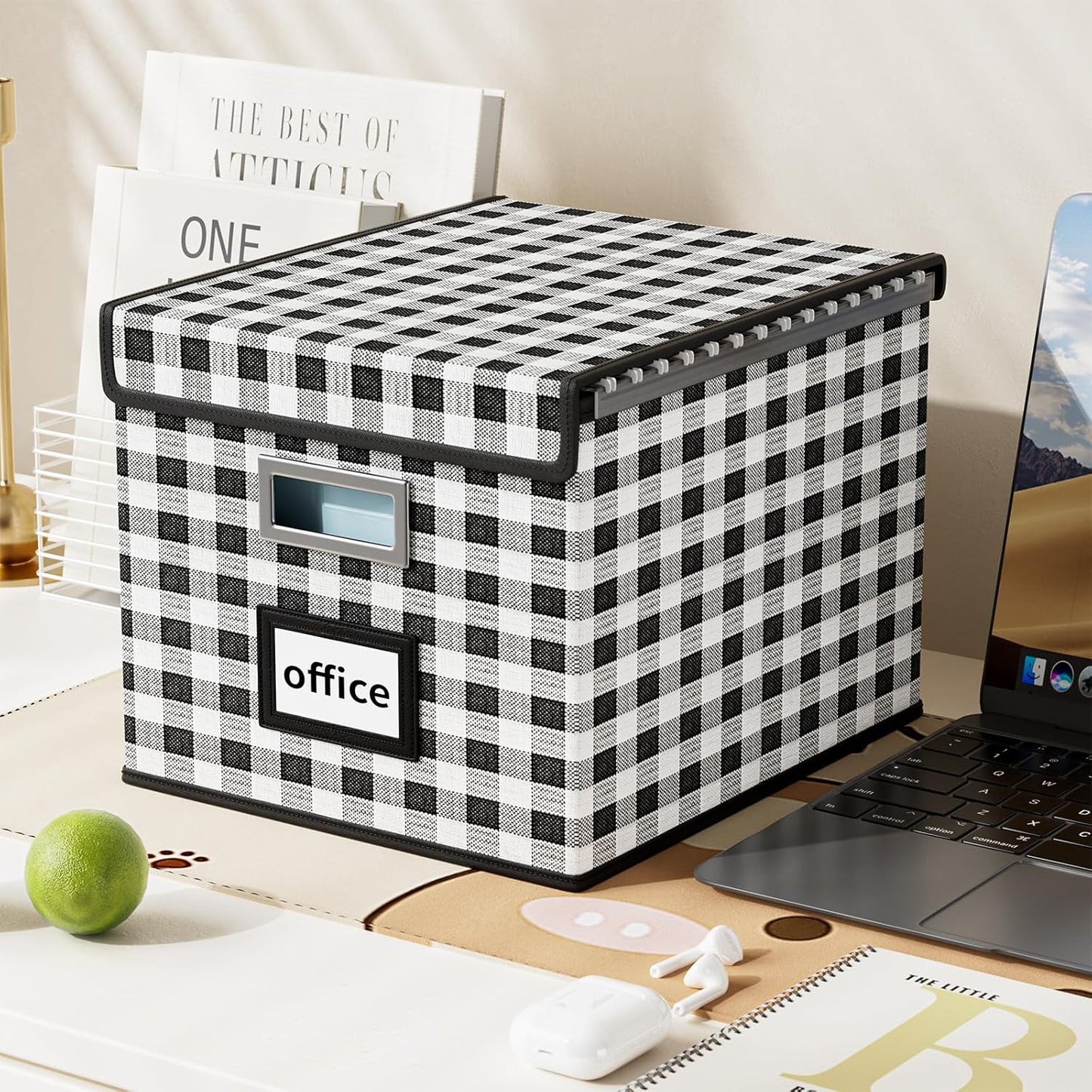 Huolewa Collapsible File Storage Organizer Box with Lid, Lattice Linen Office Document Storage, Universal Hanging Filing Organization Box for Letter/Legal Folder, Decorative Home File Bin