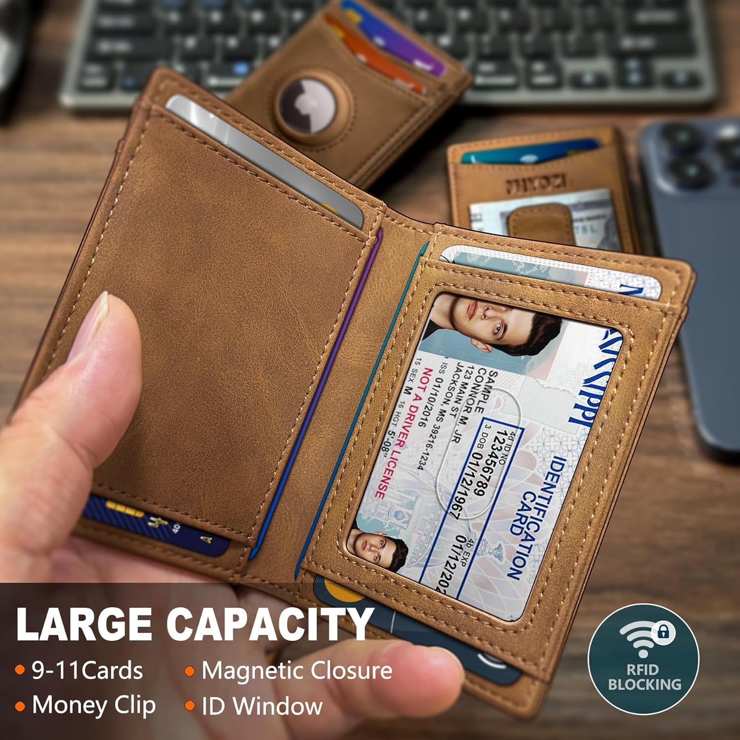 Airtag Wallet for Men- with Money Clip Gift Boxed, Magnetic Closure Slim Genuine Leather Front Pocket Wallet, 4.1"x 2.8", RFID Blocking