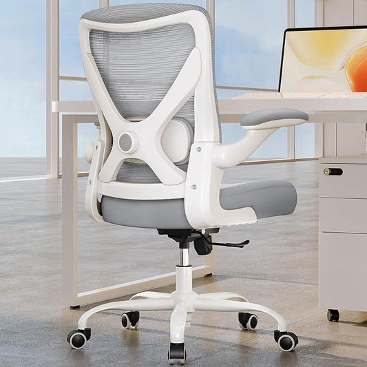 Ergonomic Office Chair - X-Shaped Computer Desk Chairs Comfy, Mesh High-Back Gaming Chair with Adjustable Lumbar Support, Executive Task Chair for Adults, Comfortable for Long Hours (White Grey)