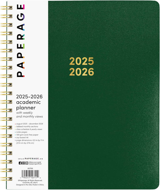 PAPERAGE 17 Month Academic Planner 2025-2026, Weekly & Monthly Spreads, August 2025 - December 2026, Large (8.5 in x 11 in), Dark Green