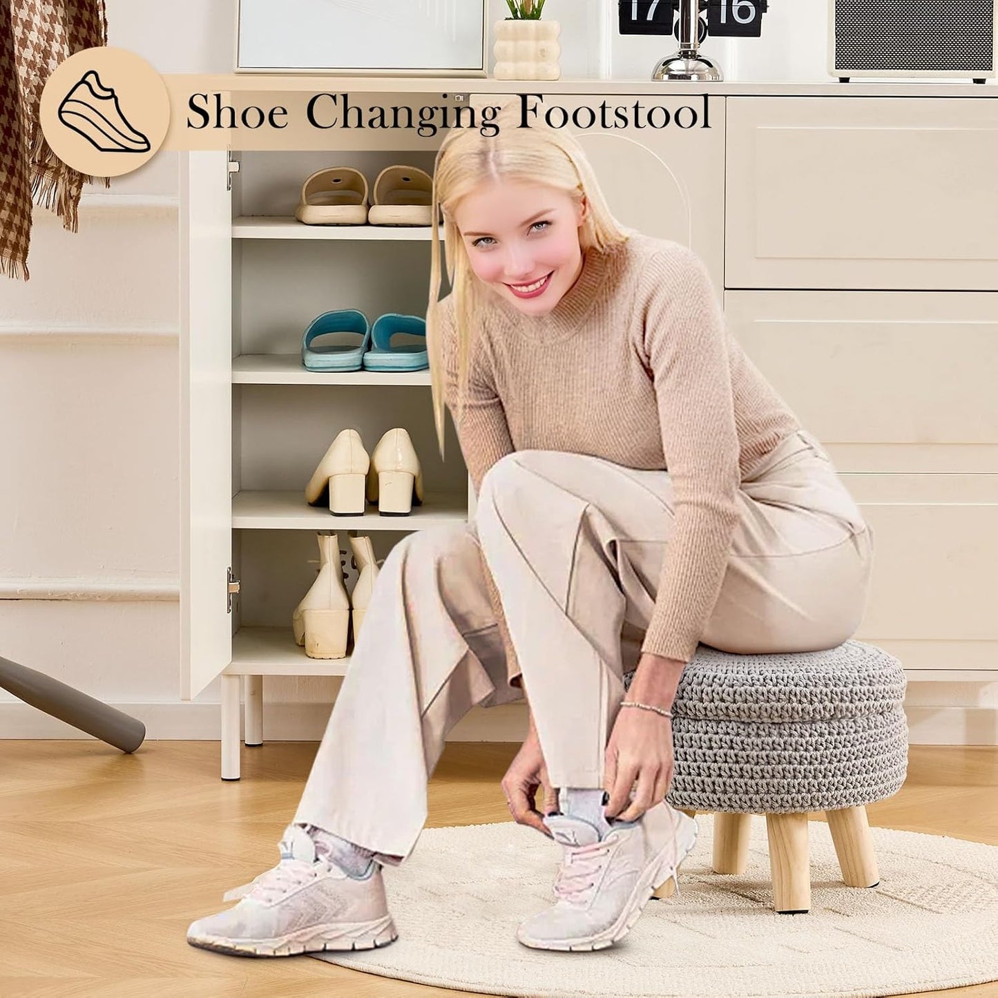 Round Storage Ottoman Foot Rest Cotton Braided Foot Stool Pouf Ottoman with Solid Wood Legs Footstool with Storage Shoe Changing Stool for Living Room Gray