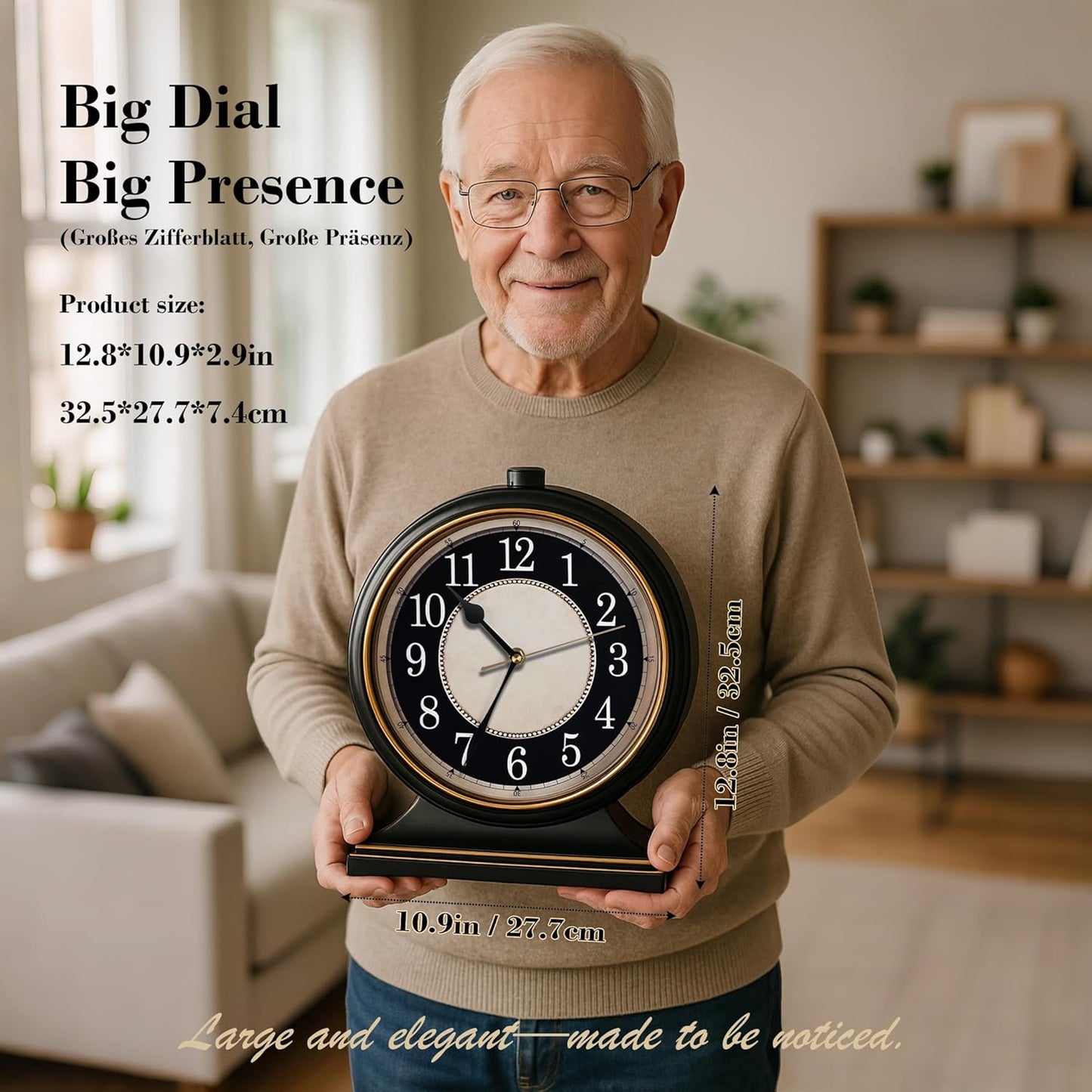 AYRELY® Vintage Desk Clock Silent-Non-Ticking 10-inch dial Table Clock,Retro Mantel Clocks and Easy to Read for Living Room, Bedroom, Shelf Decoration, Fireplace, Farmhouse Decor (Black)