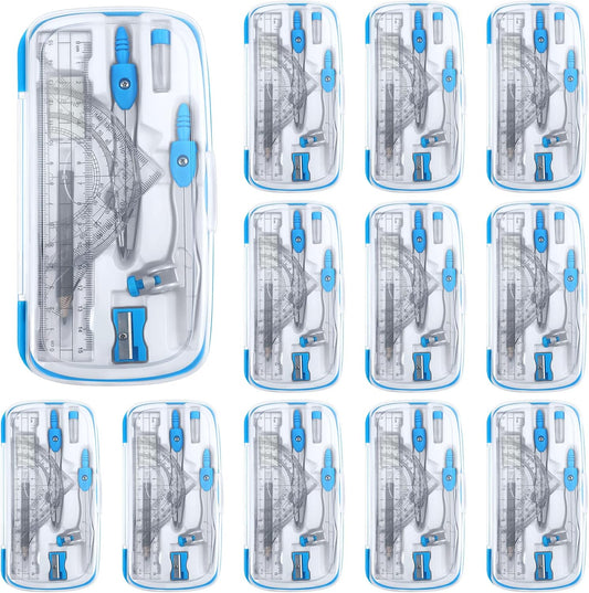Teling 12 Sets Math Geometry Kit for Students 10 Pcs Compass Geometry Tools Set Includes Rulers Protractor Compass Eraser Pencil Sharpener Lead Refills Pencil (Blue)