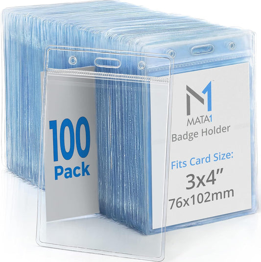 Mata1-USA Plastic Extra-Thick Vertical ID Card Holder (Clear, 3x4 Inch, 100 Pack), Large Size No Zipper Name Badge