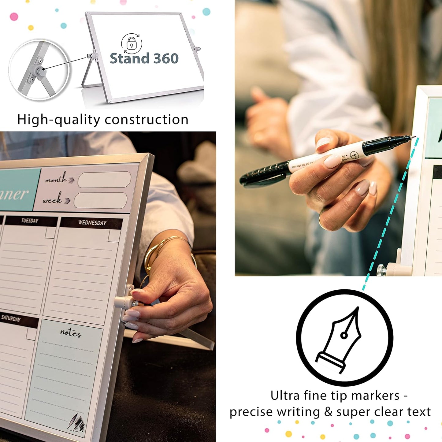 Dry Erase White Board for Desktop & Wall 12"x16" with 2 Magnetic Removable Planners - Weekly & Monthly to Do List Board with Stand, 6 Markers Eraser & Wall Hangers - Portable Double Sided Magnetic