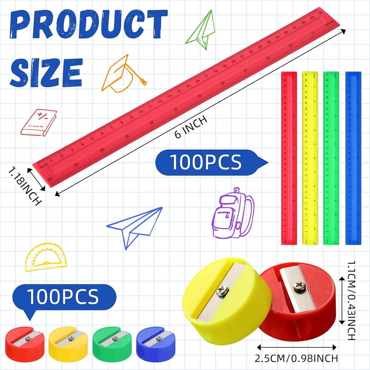 100 Pcs Plastic Rulers and 100 Pcs Mini Round Manual Pencil Sharpener Bulk, 4 Assorted Colors Pocket Sized Pencil Sharpeners Colorful Straight Ruler Back to School Supplies for Kids (Novel,12 Inch)