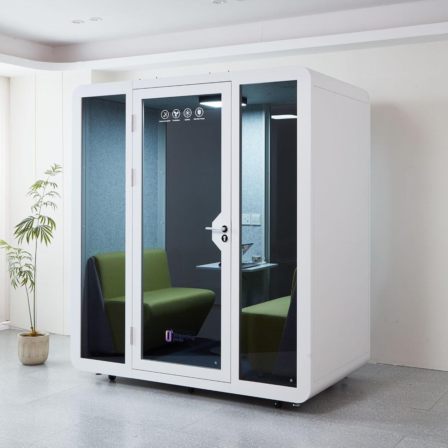 GEARONIC Mobile Office Pod Booth, Sound Proof Office Pod Booth with Mobile Roller, Larger Space for 2-4 People, LED Lighting System,Fans and AC USB Ports（White-Grey）