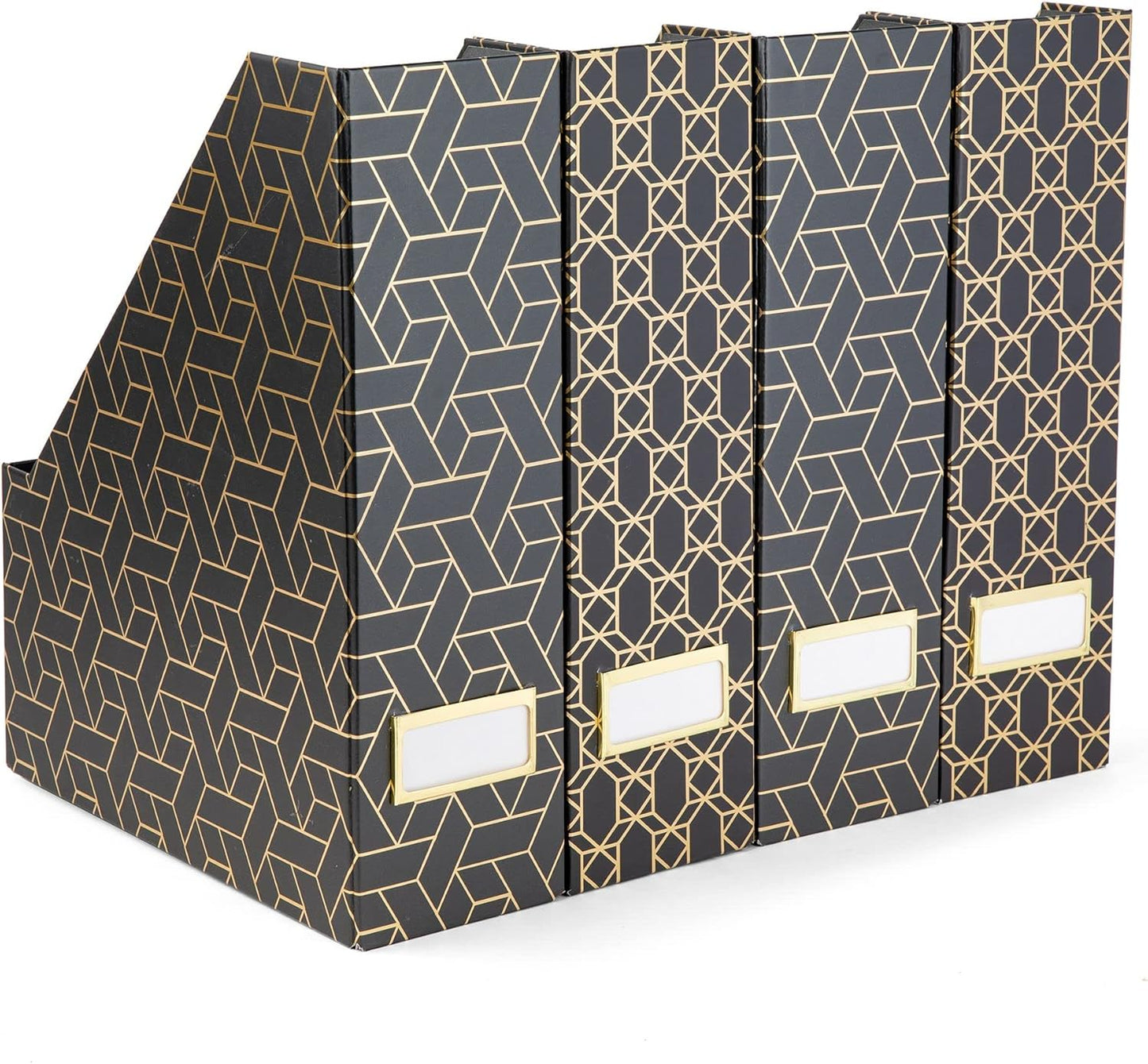 BLU MONACO Set of 4 Stylish Black & Gold Geometric Magazine File Holders with Gold Label Holders – Desk or Bookshelf Storage for Home, Office, Classroom Organization and Décor