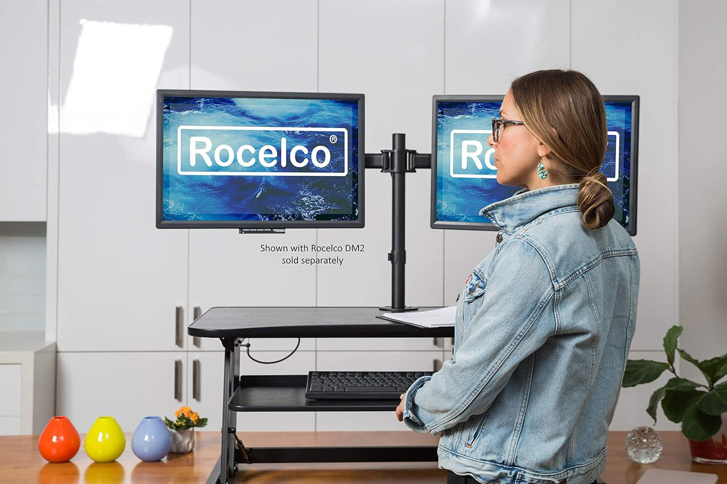 Rocelco 37.5" Deluxe Height Adjustable Standing Desk Converter - Quick Sit Stand Up Dual Monitor Riser - Gas Spring Assist Computer Workstation - Large Retractable Keyboard Tray - Black (R DADRB)