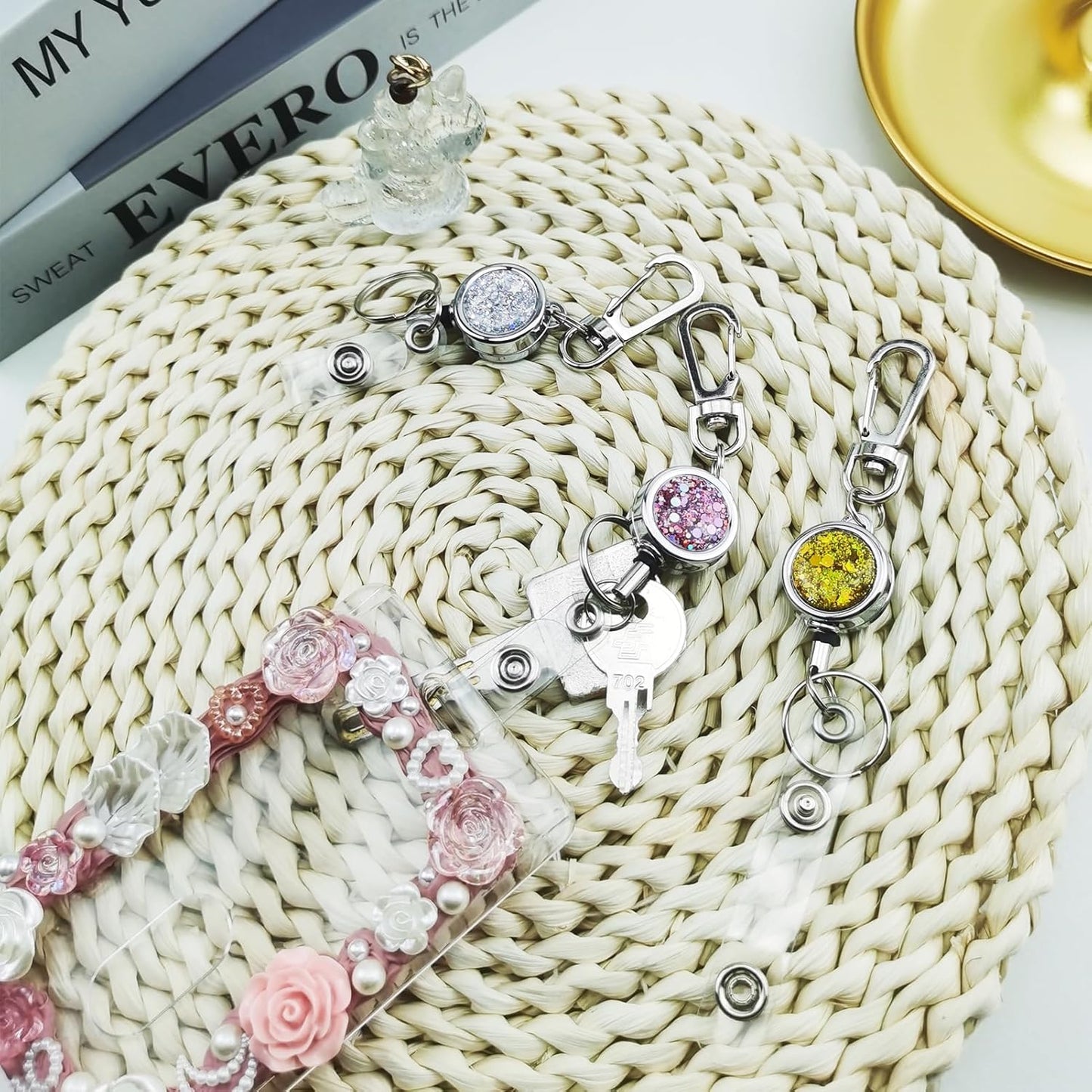 bolimoss Glittery Retractable Badge Reel, ID Name Badge Holder Reels,Cute Metal Badge Reel Card Holder with Key Ring for Office Workers, Nurses, Volunteer, Teachers, Students(3 Pack Silver)