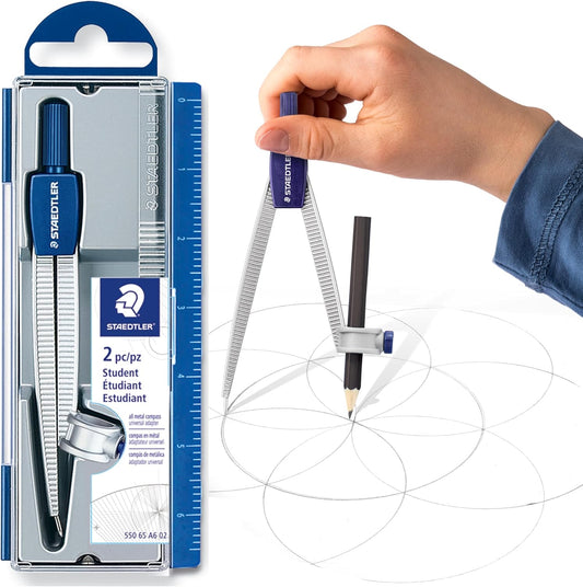 STAEDTLER Advanced Student Compass 2 Piece Set - Metal Compass with Quick-Set Center Wheel, Universal Adapter & Spare Lead, Draws Circles up to 10.25"